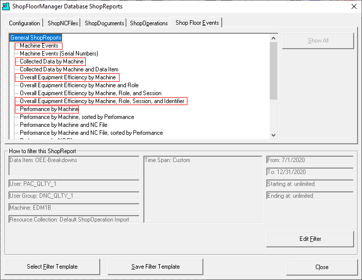 ShopFloorManager Database ShopFloorReports Window